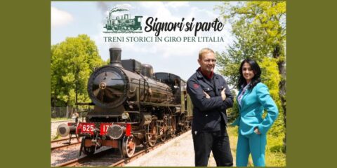 Treno storico in viaggio tra i paesaggi italiani nel programma Signori si parte su La7