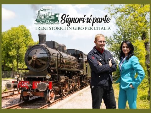 Treno storico in viaggio tra i paesaggi italiani nel programma Signori si parte su La7