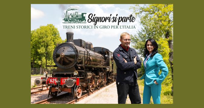 Treno storico in viaggio tra i paesaggi italiani nel programma Signori si parte su La7