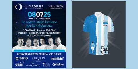 Chef con giacca dedicata a Maradona durante l’evento benefico Cenando sotto un Cielo Diverso 2025