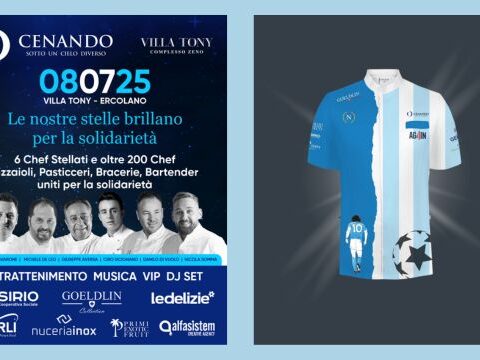 Chef con giacca dedicata a Maradona durante l’evento benefico Cenando sotto un Cielo Diverso 2025