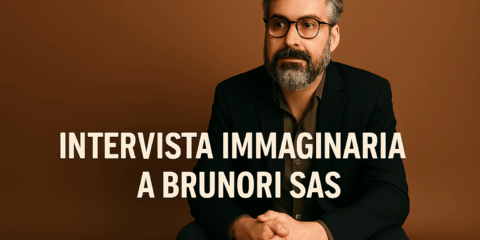 Ritratto immaginario di Dario Brunori seduto contro uno sfondo caldo e sfumato, con lo sguardo assorto e il testo “Intervista immaginaria a Brunori SAS” centrato in basso. Immagine promozionale per un articolo dedicato al concerto al Teatro dei Ruderi di Cirella.