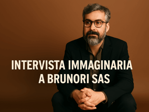 Ritratto immaginario di Dario Brunori seduto contro uno sfondo caldo e sfumato, con lo sguardo assorto e il testo “Intervista immaginaria a Brunori SAS” centrato in basso. Immagine promozionale per un articolo dedicato al concerto al Teatro dei Ruderi di Cirella.