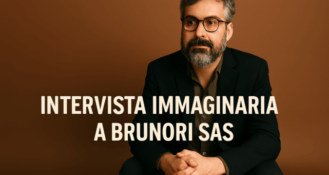 Ritratto immaginario di Dario Brunori seduto contro uno sfondo caldo e sfumato, con lo sguardo assorto e il testo “Intervista immaginaria a Brunori SAS” centrato in basso. Immagine promozionale per un articolo dedicato al concerto al Teatro dei Ruderi di Cirella.